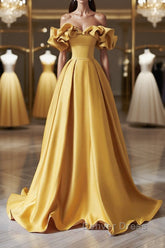 Off the Shoulder Yellow Satin Long Prom Dresses, Off Shoulder Yellow Long Formal Evening Dresses