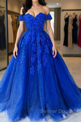 Off the Shouler Royal Blue Lace Prom Dresses, Off Shoulder Blue Lace Formal Evening Dresses