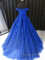 Off the Shouler Royal Blue Lace Prom Dresses, Off Shoulder Blue Lace Formal Evening Dresses