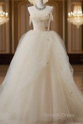 Off-White A-Line Straps Tulle Long Prom Dresses Simple Applique Wedding Dresses