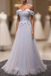 Light Blue Tulle Lace Long Prom Dresses, Lace Evening Dresses