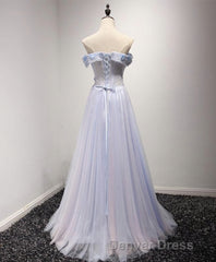 Light Blue Tulle Lace Long Prom Dresses, Lace Evening Dresses