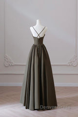 Olive Green Spaghetti Strap Satin Long Prom Dresses, A-Line V Neck Party Dresses