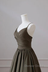 Olive Green Spaghetti Strap Satin Long Prom Dresses, A-Line V Neck Party Dresses