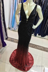Ombre Mermaid V-Neck Court Train Prom Sequins Dresses