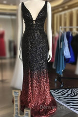 Ombre Mermaid V-Neck Court Train Prom Sequins Dresses