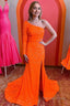 One Shouder Long Sleeves Sequins Mermaid Prom Dresses with Slit