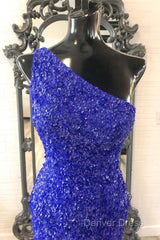 One Shouder Royal Blue Prom Dresses Long Sequin Evening Dresses