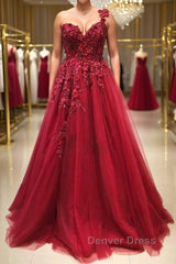 One Shoulder 3D Floral Burgundy Lace Long Prom Dresses, Burgundy Lace Appliques Formal Graduation Evening Dresses