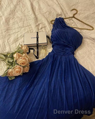 One Shoulder A Line Royal Blue Shiny Tulle Prom Dress