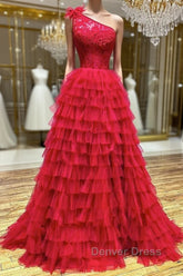 One Shoulder A-Line Tulle Burgundy Long Prom Dresses, Burgundy Graduation Dresses