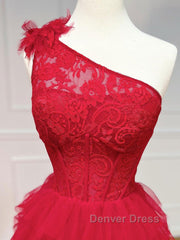 One Shoulder A-Line Tulle Burgundy Long Prom Dresses, Burgundy Graduation Dresses