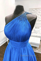 One Shoulder Backless Blue Chiffon Long Prom Dresses, Beaded Blue Long Formal Evening Dresses