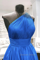 One Shoulder Backless Blue Chiffon Long Prom Dresses, Beaded Blue Long Formal Evening Dresses