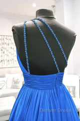 One Shoulder Backless Blue Chiffon Long Prom Dresses, Beaded Blue Long Formal Evening Dresses