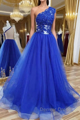 One Shoulder Backless Royal Blue Lace Long Prom Dresses, Royal Blue Lace Formal Dresses, Backless Royal Blue Evening Dresses