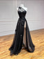 One Shoulder Black Lace Floral Long Prom Dress, One Shoulder Black Lace Prom Dresses