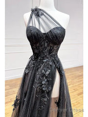 One Shoulder Black Lace Floral Long Prom Dresses With High Slit 21Th Birthday Outfits