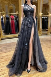 One Shoulder Black Lace Prom Dresses, One Shoulder Black Lace Formal Evening Dresses