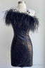 One Shoulder Black Sequins Short Prom Dress, Short Black Sequined Prom Homecoming Dresses
