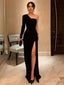 One Shoulder Black Velvet Long Prom Dress, Black One Shoulder Velvet Prom Dresses