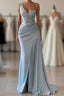 One shoulder blue prom Dresses in mermaid pleats