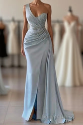 One shoulder blue prom Dresses in mermaid pleats