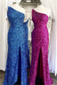 One Shoulder Blue Sequins Mermaid Long Prom Dresses