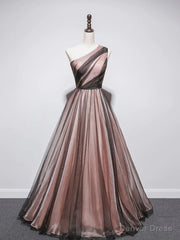 One Shoulder Brown Tulle Prom Dresses, Brown Tulle Formal Evening Dresses