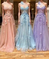 One Shoulder Floral Long Prom Dresses, Formal Graduation Evening Dresses