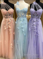 One Shoulder Flowers Lace Prom Dresses Applique Sweetheart With Split