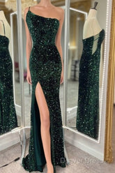 One Shoulder Long Emerald Green Prom Dresses Mermaid Sequin