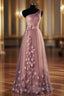 One-Shoulder Long/Floor-Length A-Line/Princess Tulle Prom Dresses With Flowers Waistband