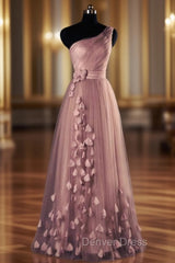 One-Shoulder Long/Floor-Length A-Line/Princess Tulle Prom Dresses With Flowers Waistband