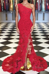 One Shoulder Mermaid Red Lace Long Prom Dresses with High Slit