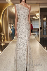One Shoulder Mermaid Sequins Ivory Long Prom Dresses, Open Back Mermaid Ivory Formal Dresses, Sequins Ivory Evening Dresses