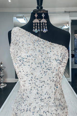 One Shoulder Mermaid Sequins Ivory Long Prom Dresses, Open Back Mermaid Ivory Formal Dresses, Sequins Ivory Evening Dresses