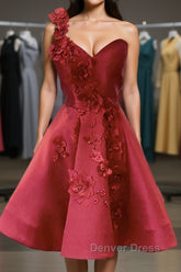 One Shoulder Open Back Burgundy Floral Short Prom Dresses, Wine Red Floral Formal Evening Homecoming Dresses