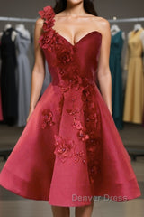 One Shoulder Open Back Burgundy Floral Short Prom Dresses, Wine Red Floral Formal Evening Homecoming Dresses