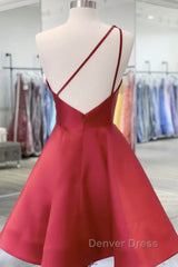 One Shoulder Open Back Burgundy Floral Short Prom Dresses, Wine Red Floral Formal Evening Homecoming Dresses