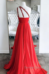 One Shoulder Open Back Red Long Prom Dresses, Backless Red Formal Dresses, Red Evening Dresses