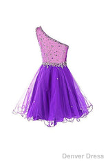 One Shoulder Prom Dresses Tulle Homecoming Dress With Beading