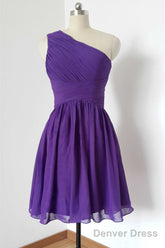 One Shoulder Purple Pleated Chiffon Short Bridesmaid Dress