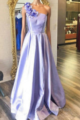 One Shoulder Purple Satin Long Prom Dresses with Flowers, Purple Formal Evening Dresses