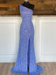 One Shoulder Purple Sequins Long Prom Dress, One Shoulder Purple Long Prom Graduation Dresses