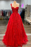 One Shoulder Red A Line Appliques Tulle Prom Gowns