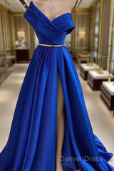 One Shoulder Royal Blue Floor Length Prom Dresses With High Slit, High Slit Royal Blue Long Formal Evening Dresses