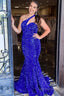 One Shoulder Royal Blue Sparkly Mermaid Sequins Long Prom Dresses