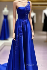 One Shoulder Satin Floor Length Prom Dresses Appliques