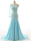 One Shoulder Sheer Back Floor Length with Train Mermaid Party Dresses